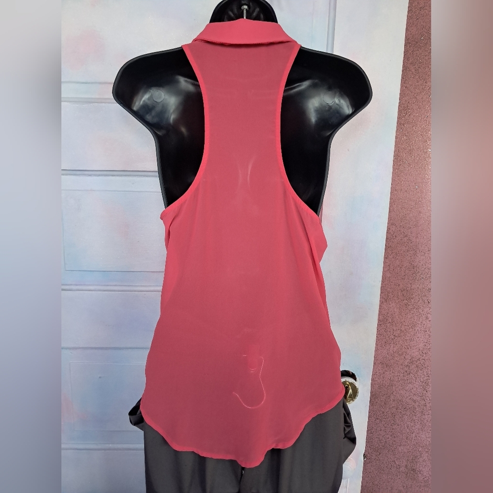 Lush Coral Sheer Racerback Sleeveless Buttonup Blouse! W/ Pocket No Size Tag Euc - Picture 6 of 8